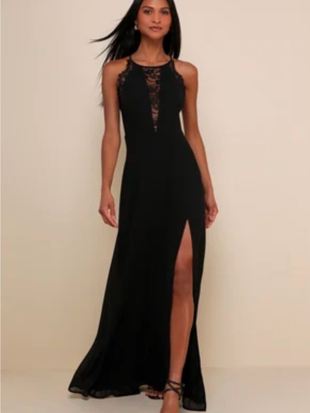 Lulu's Black Lace-Inset Maxi Dress with Side Slit